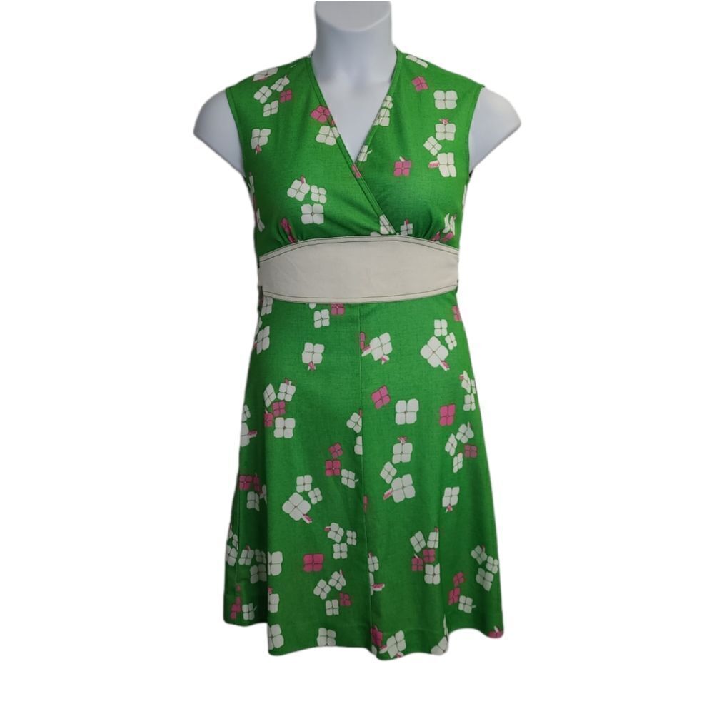 VINTAGE 70s green sleeveless flower power sheath hippie mini dress S